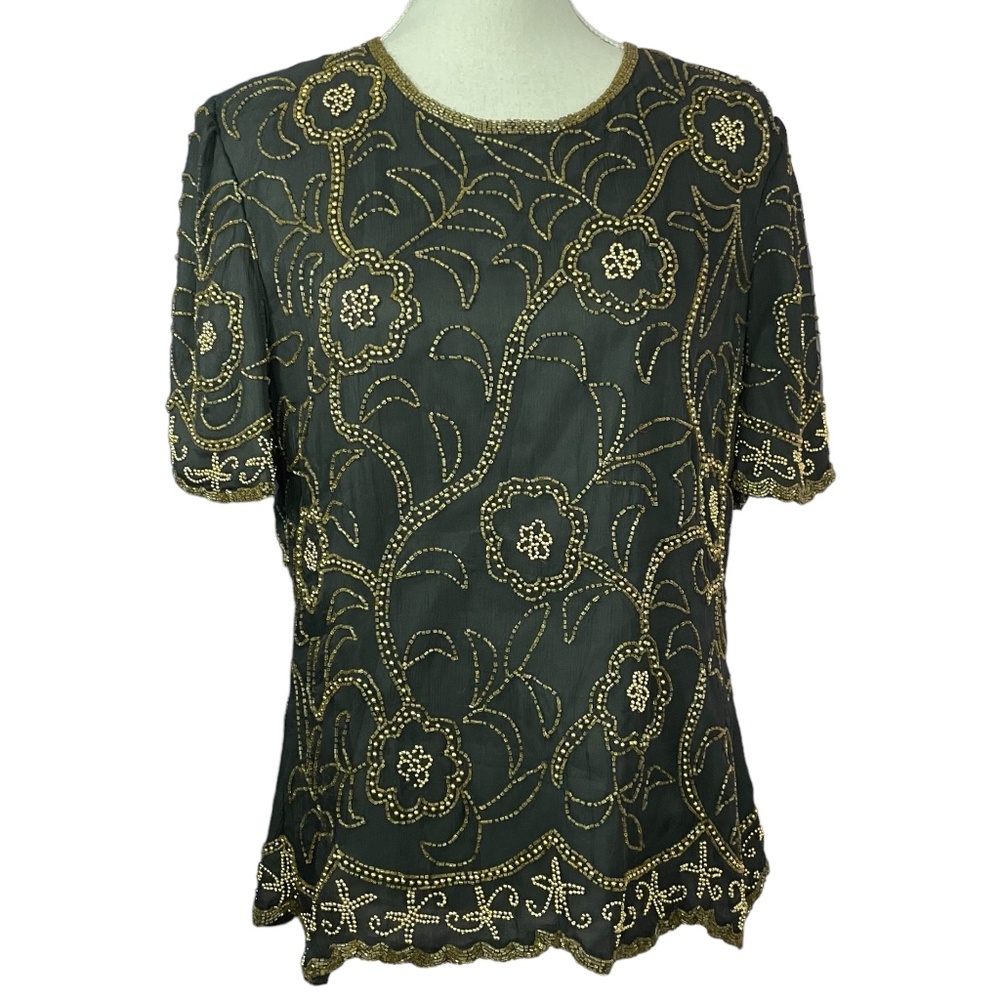 100% Silk Beaded Stenay Top L Black Gold Floral Scalloped Embellished Zip Back